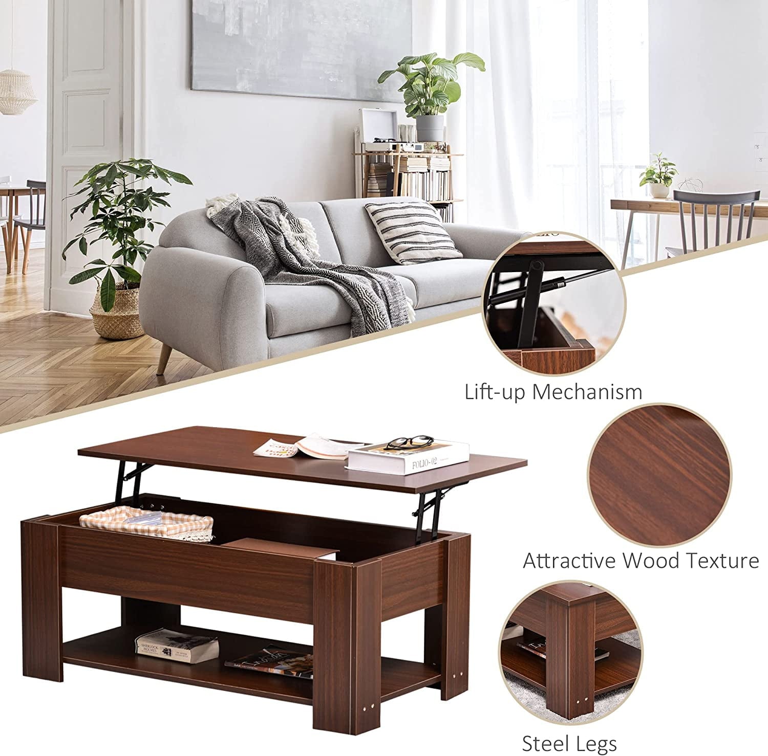 Lift Top Coffee Table with Hidden Storage Compartment and Open Shelf, Pop Up Coffee Table for Living Room, Brown