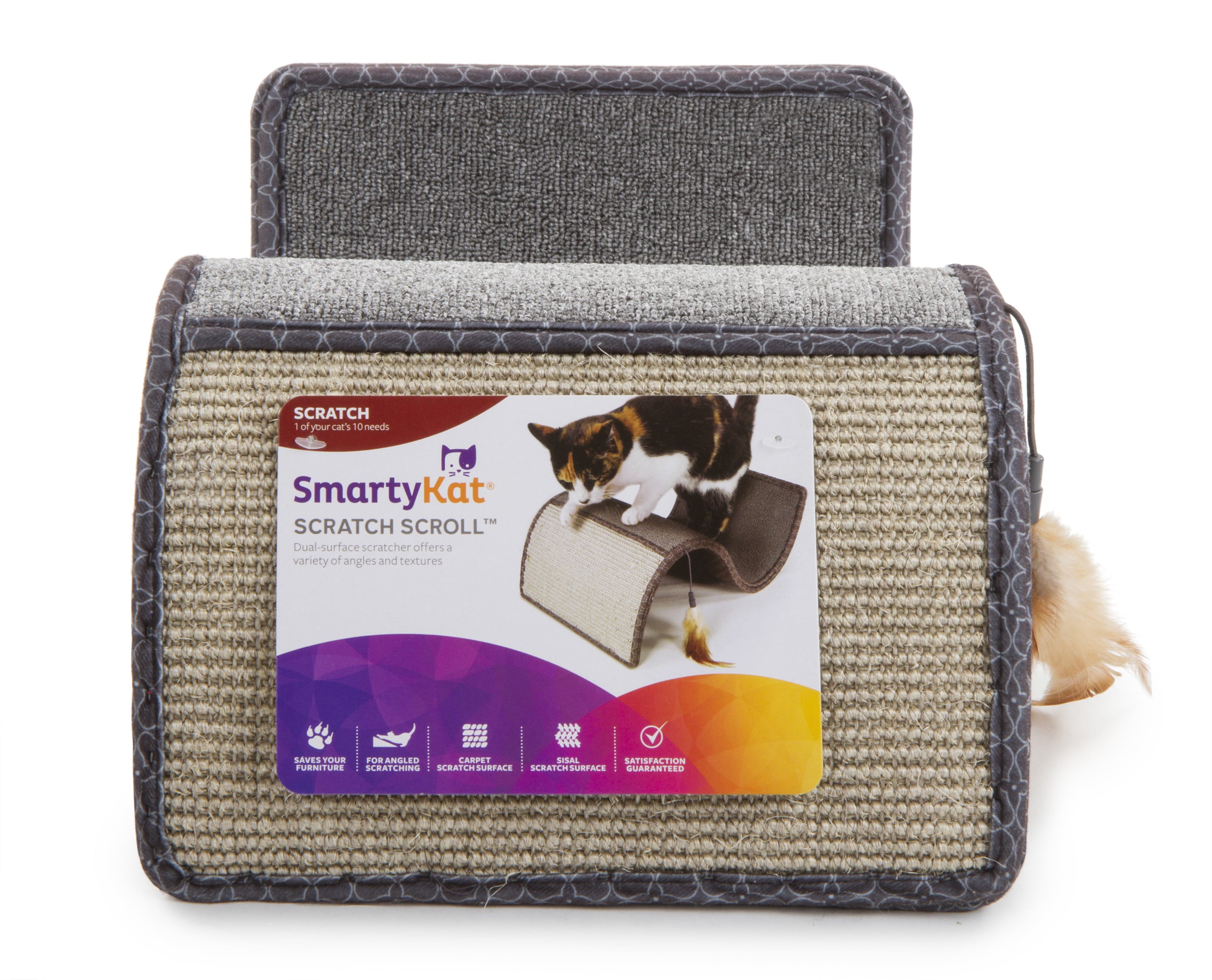 SmartyKat Scratch Scroll with Feather Toy, Multi-Surface Sisal & Carpet Cat Scratcher, Interactive Scratching Outlet & Lounger