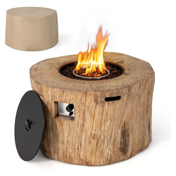 40 in. Stone Metal Round Propane Gas Fire Pit Table Wood-Like Surface with Laval Rock PVC Cover