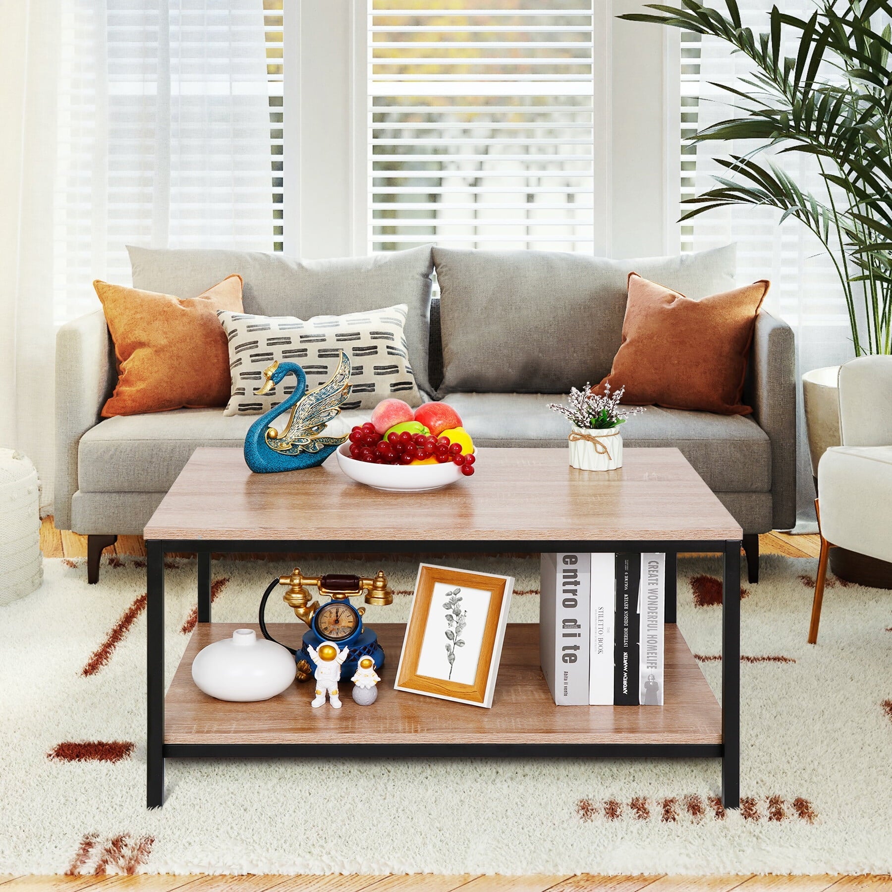 HomGarden Industrial Rectangle Wood Coffee Table Metal Cocktail Table, Natural