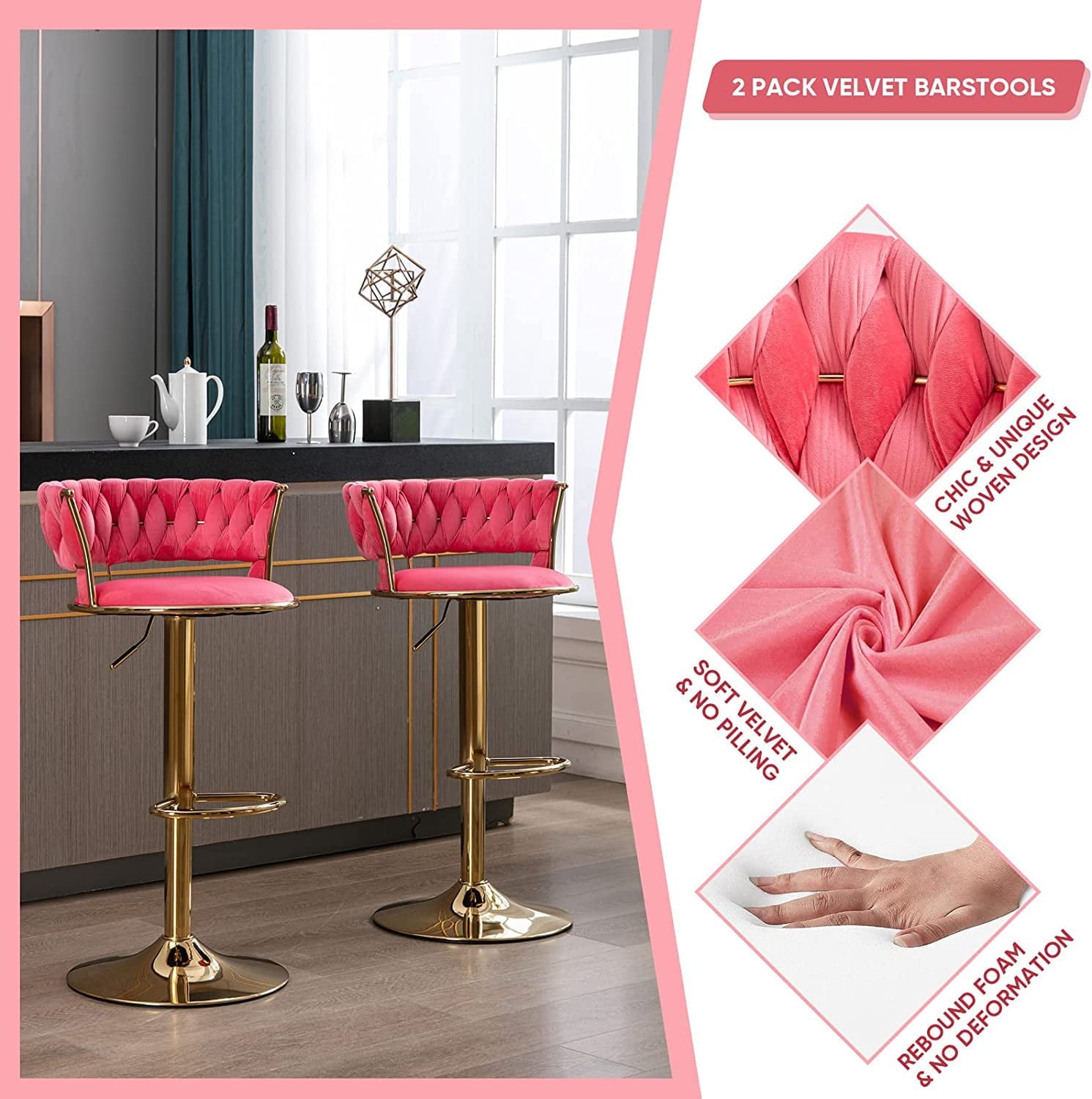 KINFFICT Upholstered Adjustable Swivel Barstool Set of 2, Velvet Bar Height Bar Stools Counter Height Bar Stools, Pink