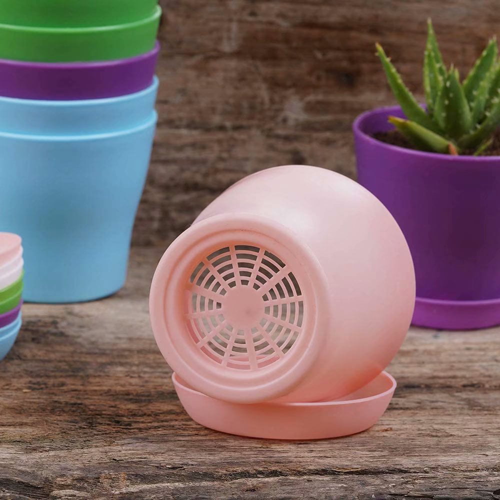 Artrylin Plant Pots, 8 Pack Plastic Flower Pots Outdoor Garden Planters with Multiple Drain Holes and Saucer -4.7 inch Indoor Small Plant Pots for All Home, Random Color