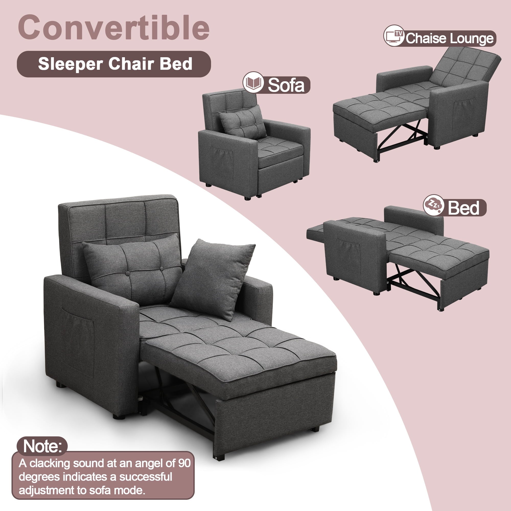 Tolead 3-in-1 Convertible Sofa Bed Sleeper Chair with Adjustable Backrest, Gray