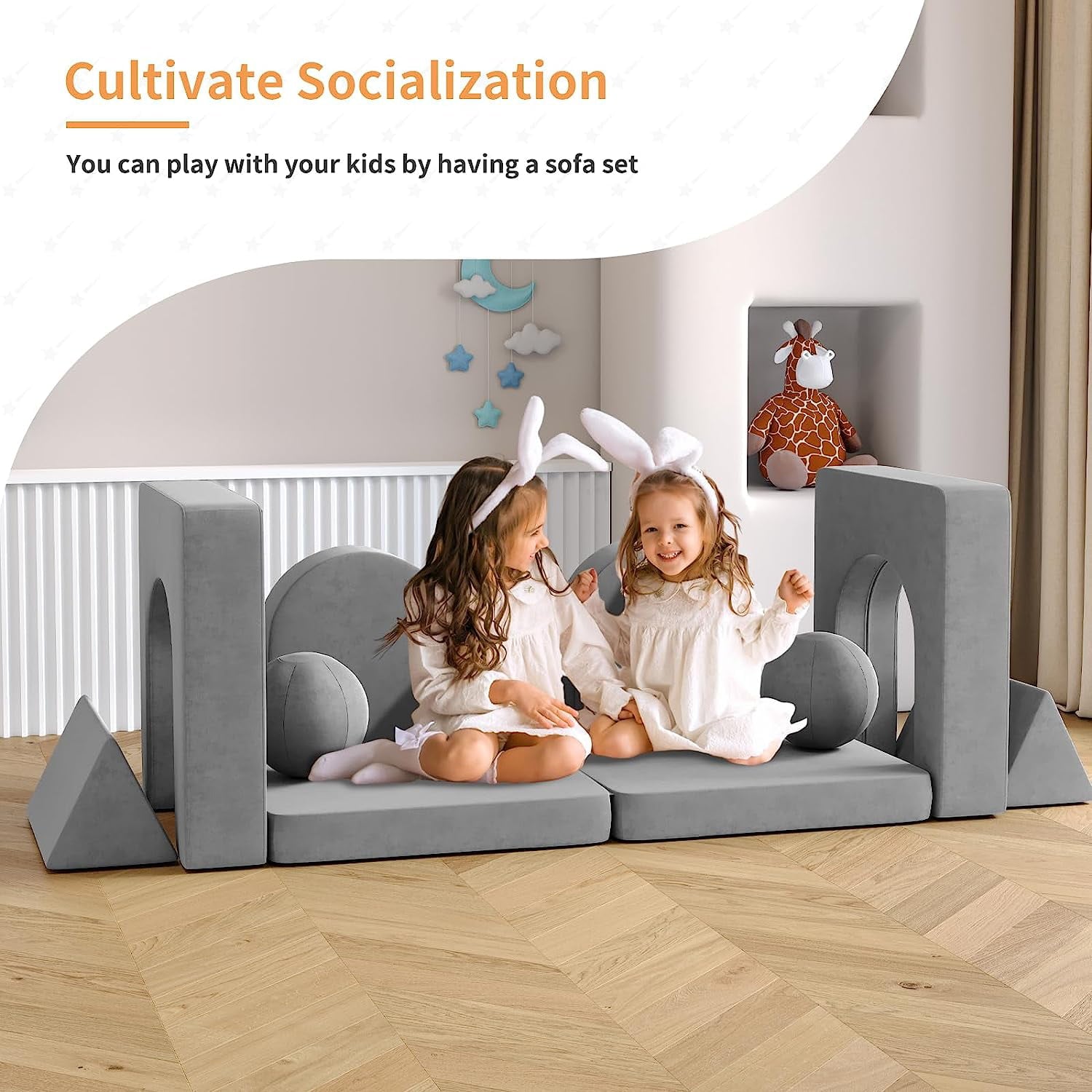 10Pcs Kids Sofa for Bedroom Playroom, Wanan Modular Toddler Couch Fold Out Couch Play Sofa for Boys Girls, Kids Sofa Couch Convertible Sofa Kids Foam Couch, Gray