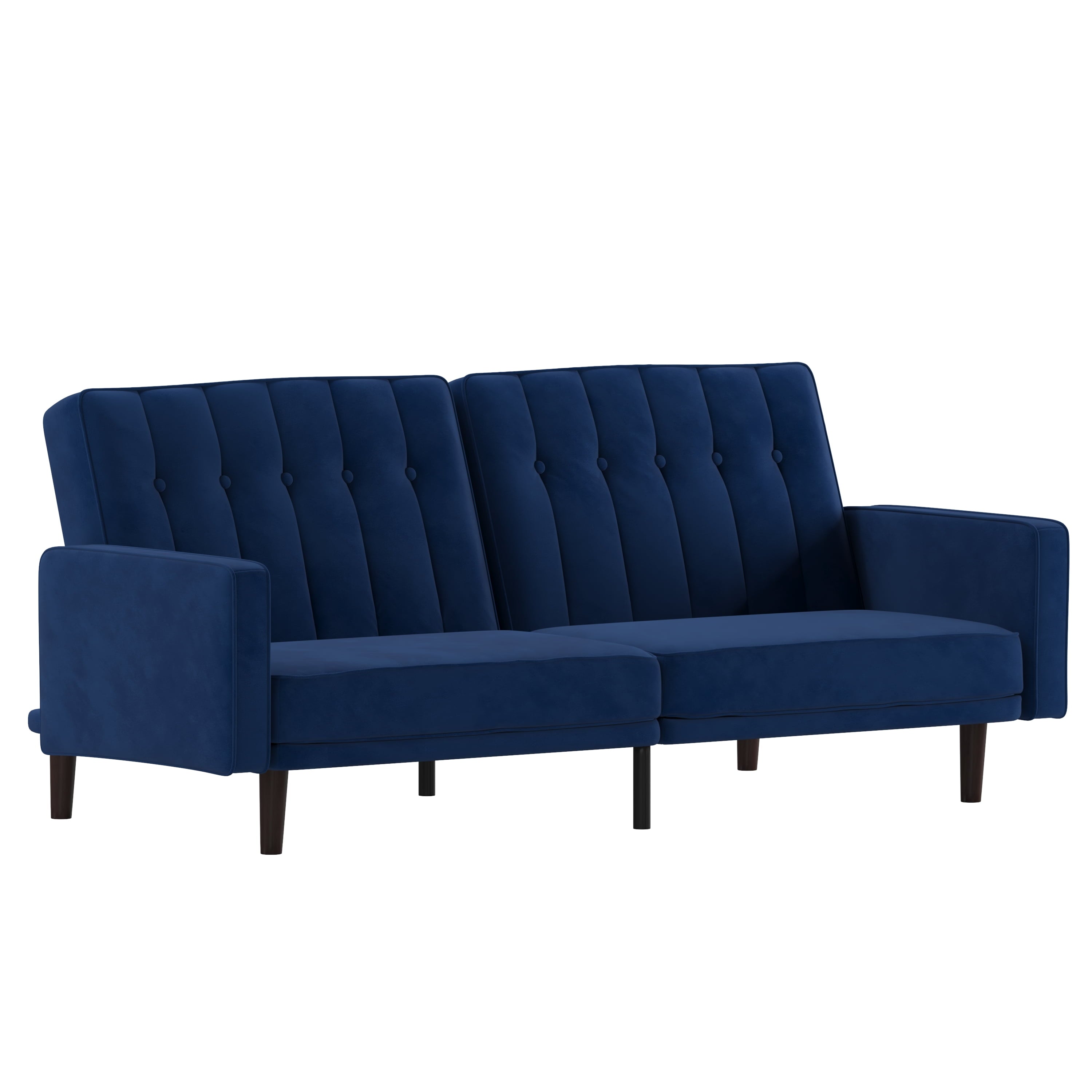 Emma + Oliver Plush Padded Velvet Upholstered Split Back Sofa Futon with Vertical Channel Tufting and Wooden Legs in Navy
