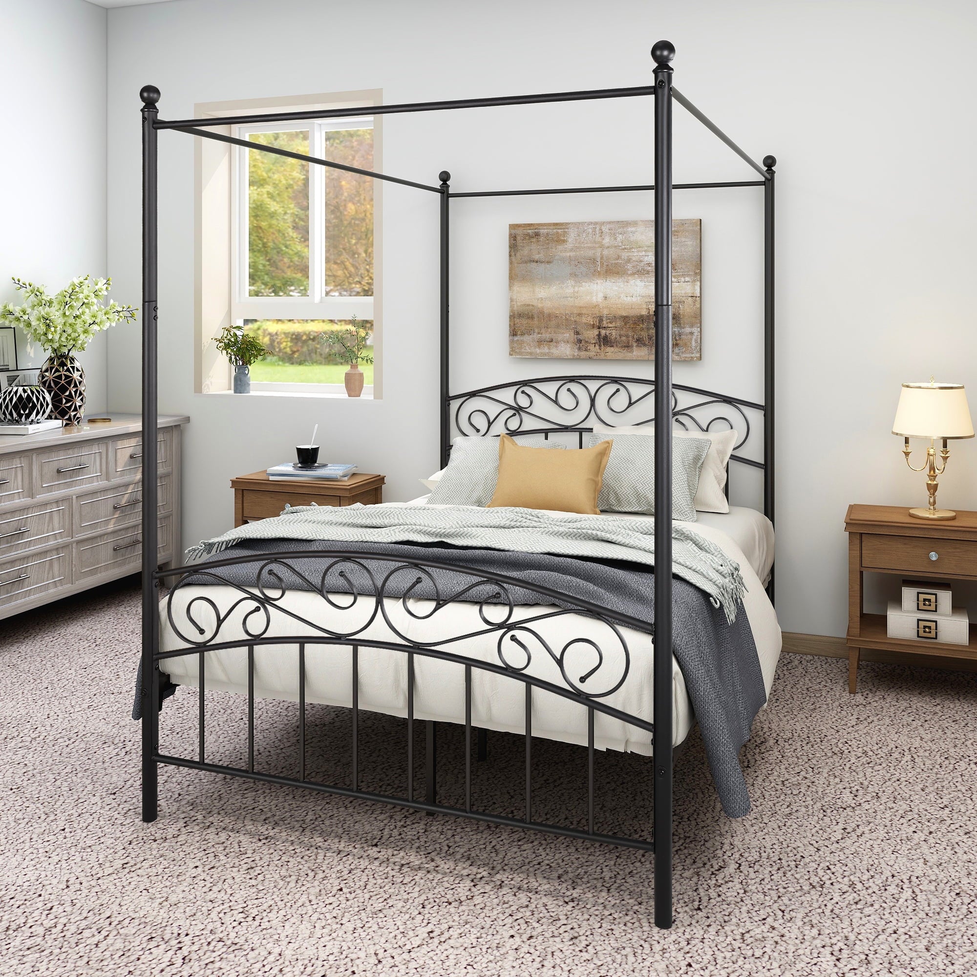 Full Size Sturdy Metal Canopy Bed Frame with Headboard and Footboard, Holds 600 lbs, Easy Assembly, All Parts Included Black