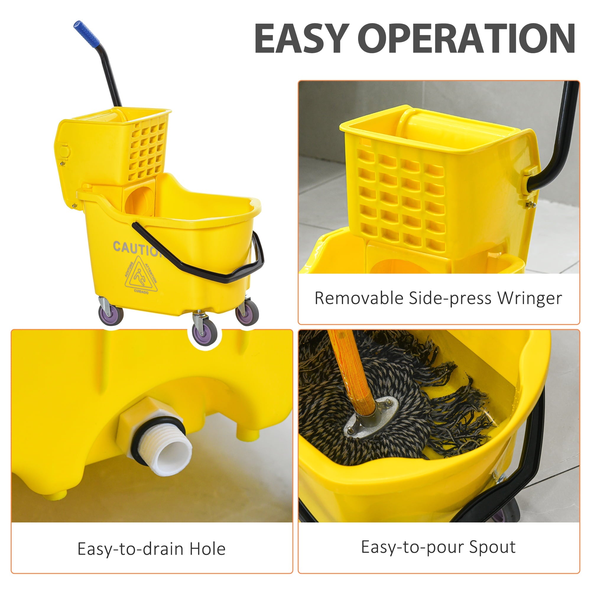 HOMCOM Residential Mop Bucket with Side Press Wringer and Wheels, Yellow