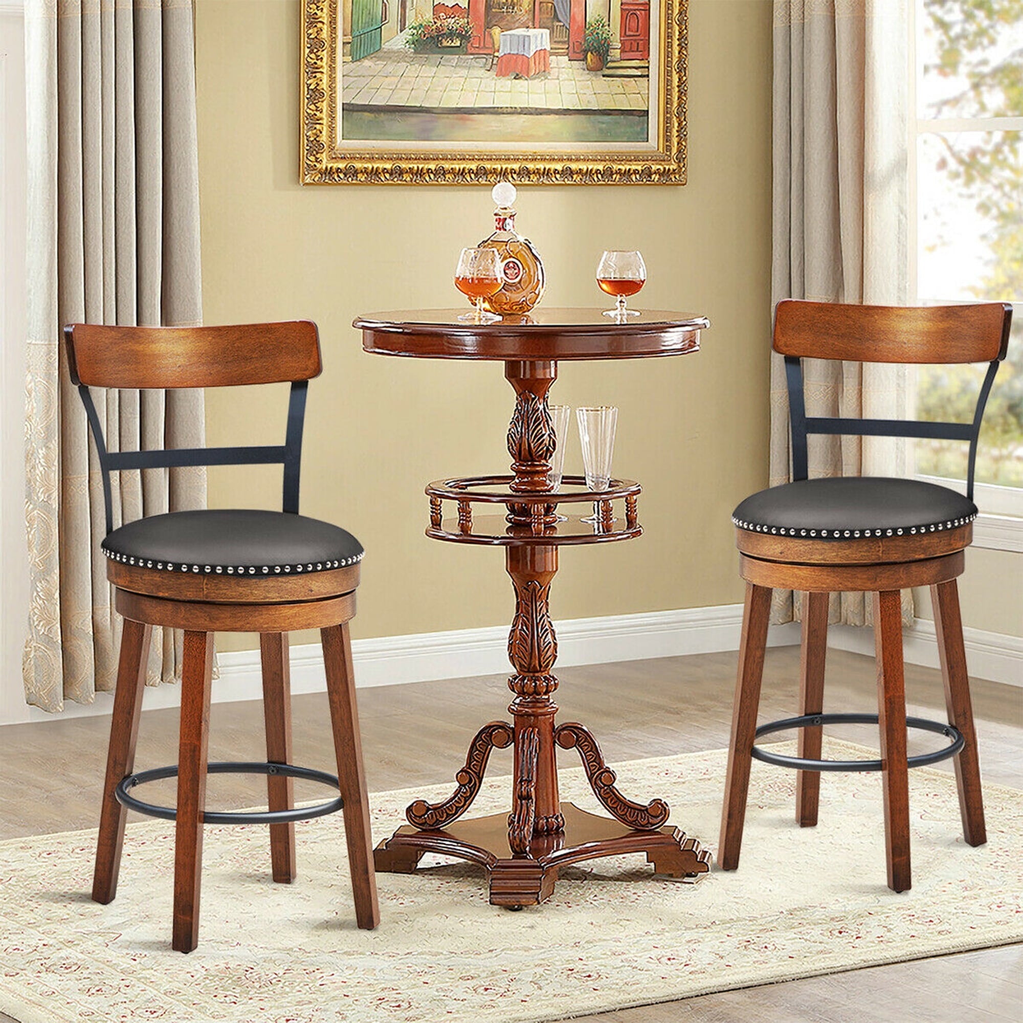 Gymax Set of 2 BarStool 25.5'' Swivel Counter Height Dining Chair with Rubber Wood Legs