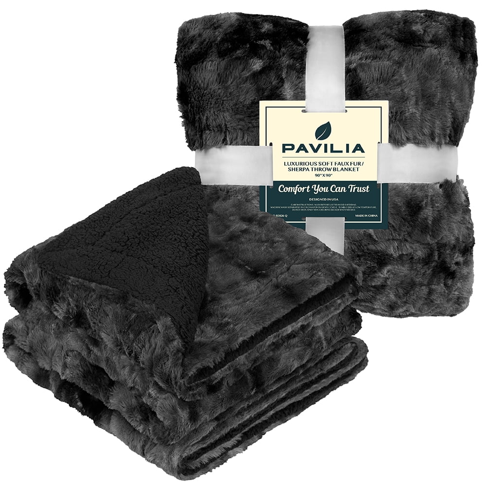 PAVILIA Faux Fur Queen Bed Blanket Tie-Dye Black, Soft Fuzzy Warm Sherpa Blanket for Bed, Fluffy Plush Thick Fleece Throw Blanket for Couch Sofa, Reversible Furry Shaggy Large Blanket, Black 90x90