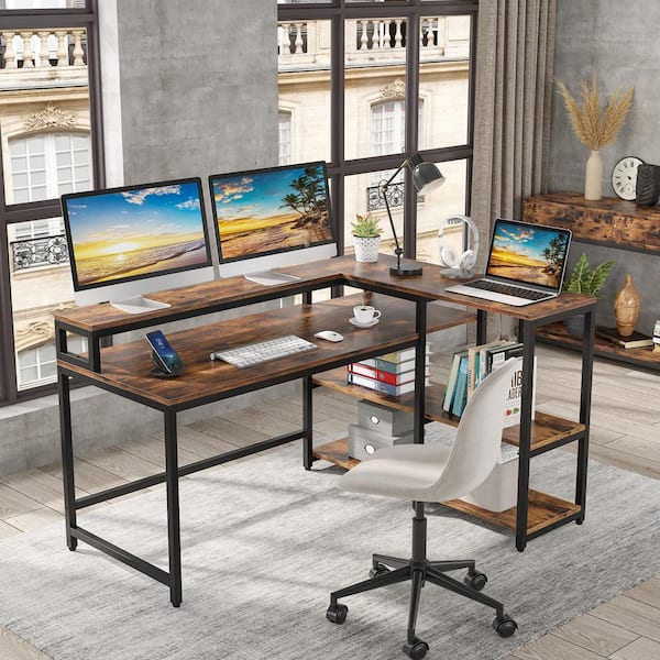Halseey 55 in. W L-Shaped Brown Corner Computer Desk Writing Studying Reading Desk 2-Tier Storage Shelves Monitor Stand