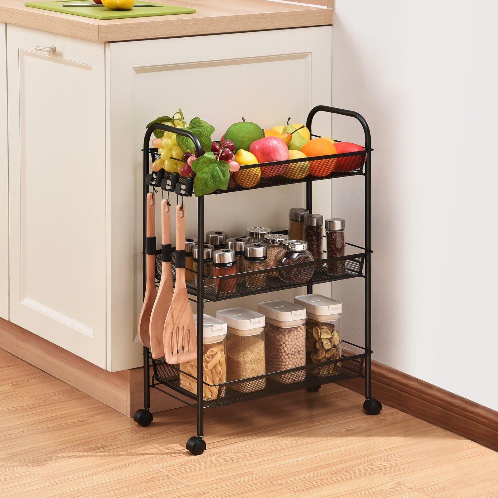 Kingrack 3 Tier Rolling Cart Organizer,Metal Mesh Rolling Storage Cart with Wheels,Small Rolling Trolley Cart,Black