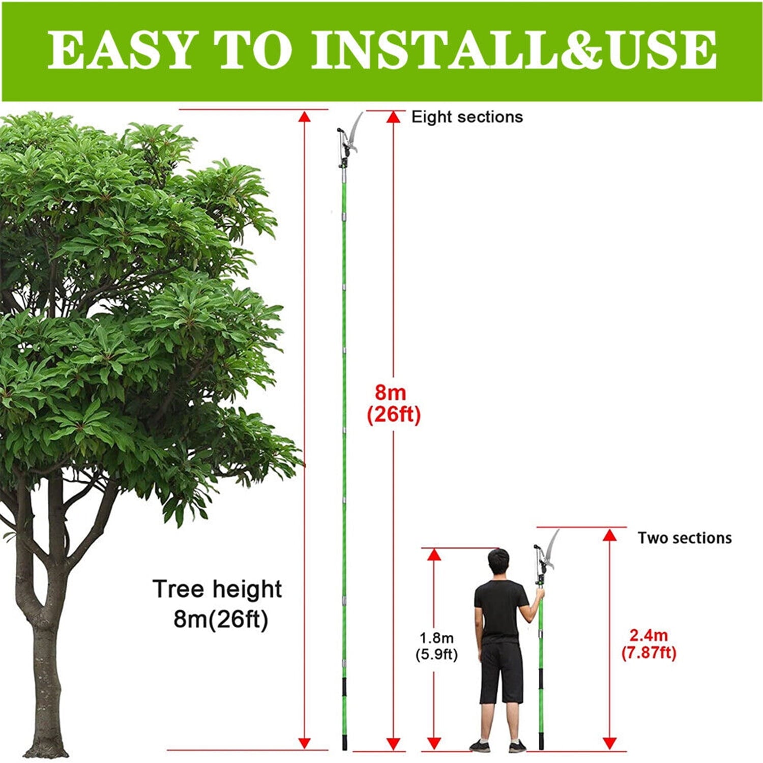 26 Foot Tree Trimmer Pole Manual Pruner Cutter Set Extension Cut Tree Branch Garden Tools Hand Pole Saws