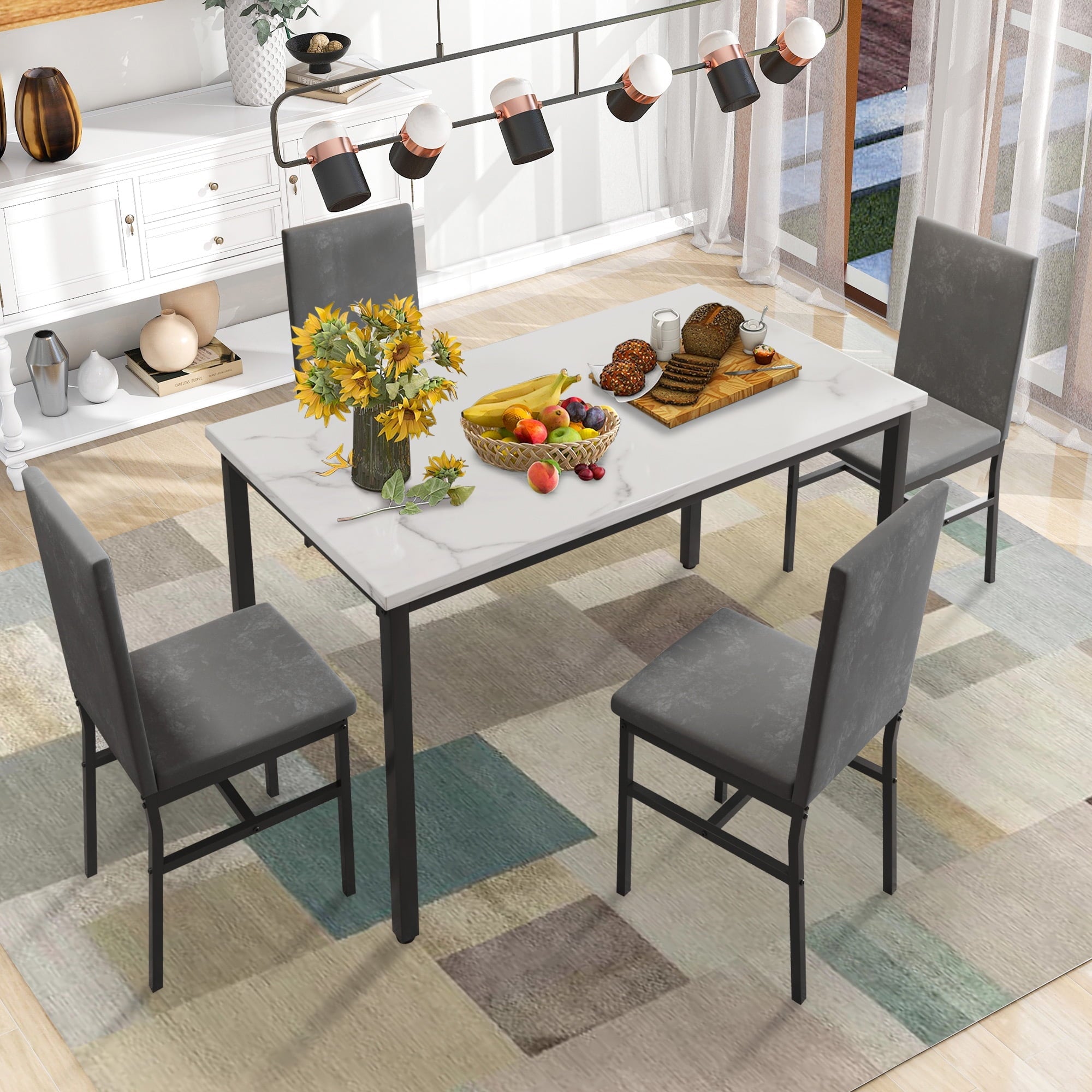 Paproos Dining Table Set for 4, Modern 5-Piece Kitchen Table Set with Marble Top and Velvet Upholstery Chairs, Heavy Duty Dinette Sets for Breakfast Nook, Dining Room Table and Chairs, Gray