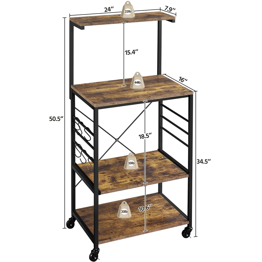 Easyfashion Kitchen Baker's Rack with Side Hooks, Rustic Brown