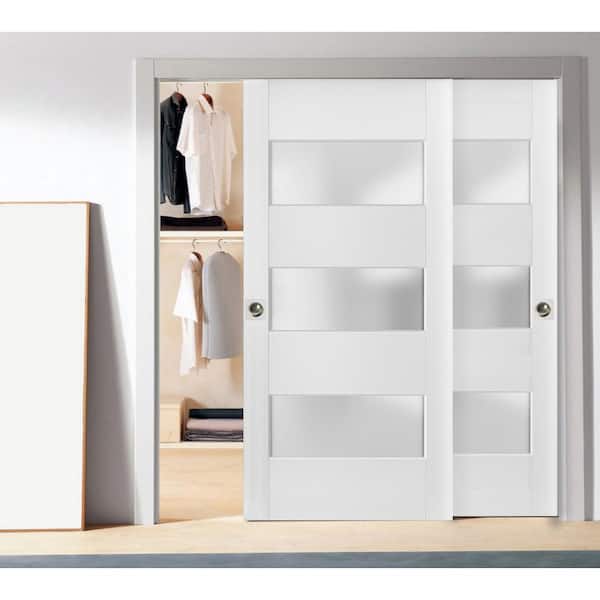 4070 72 in. x 80 in. 3 Panel White Finished Pine Wood Sliding Door with Bypass Closet Hardware