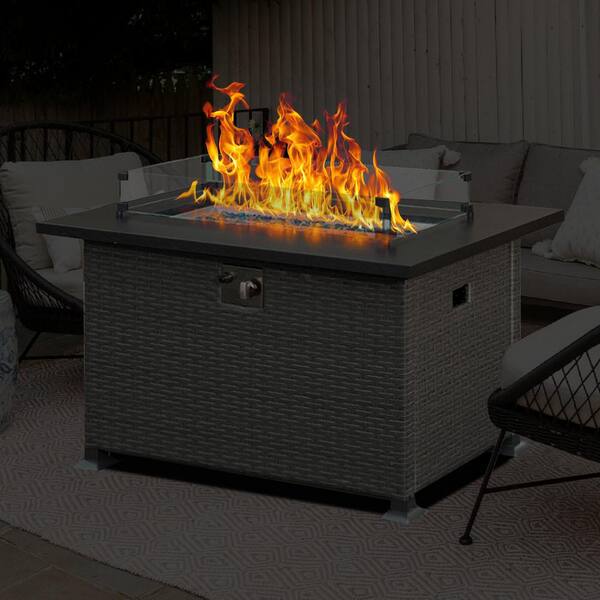 Dark Gray Rectangle Steel 43.31 in. 50000 BTU Propane Fire Pit Table with Glass Wind Guard and ETL-Certified