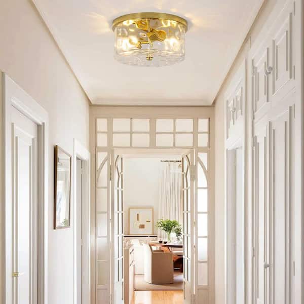 12 in. 2-Light Brass Gold Flush Mount Ceiling Light with Water Rippled Glass Shade