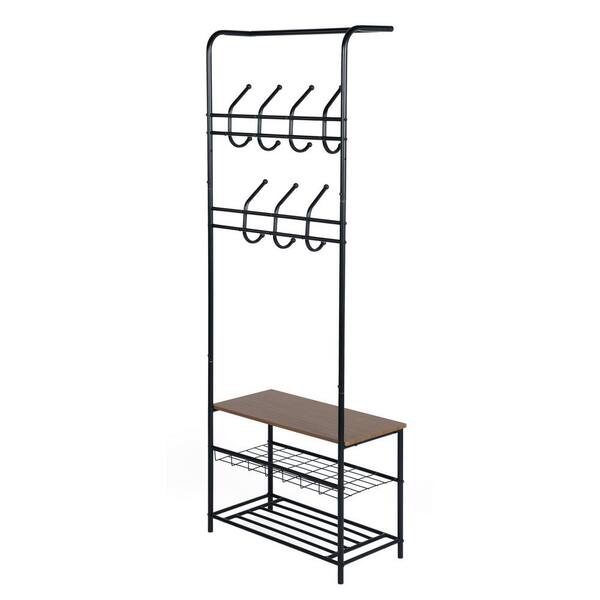 Walnut Heavy Duty Metal Garment Rack Clothes Rack Hall Tree with Hooks and Bottom Shelves