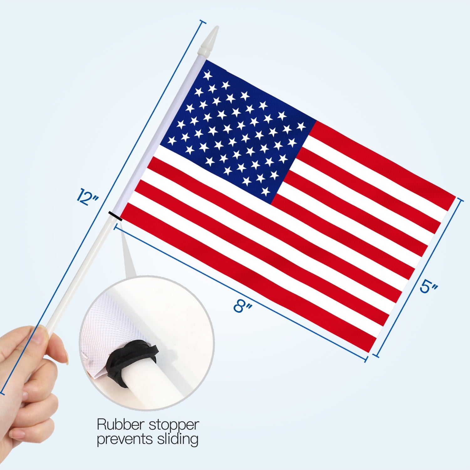 Anley USA United States Mini Flag 12 Pack - Hand Held Small Miniature American US Flags on Stick - 5x8 Inch with Solid Pole & Spear Top