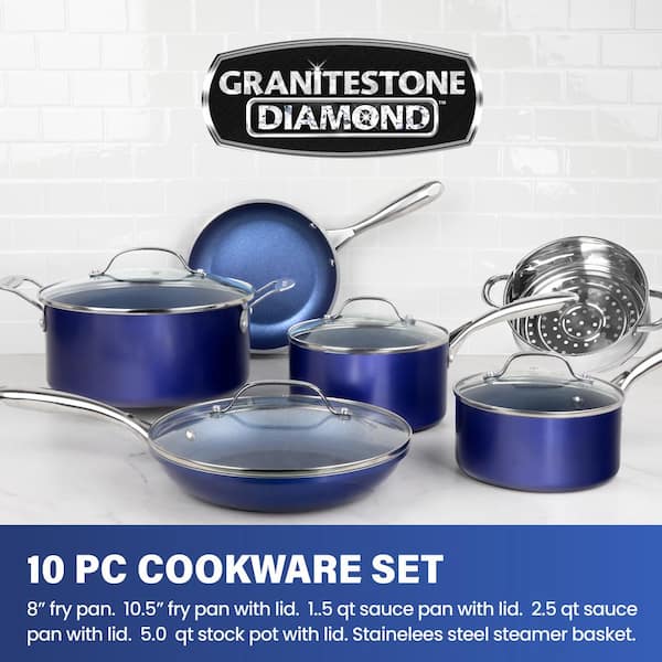 Classic Blue 10-Piece Aluminum Ultra-Durable Non-Stick Diamond Infused Cookware Set with Glass Lids