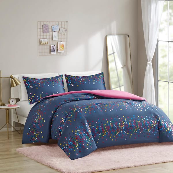 Cora Polyester 2-Pcs Navy Twin/Twin XL Rainbow Iridescent Metallic Dot Comforter Set