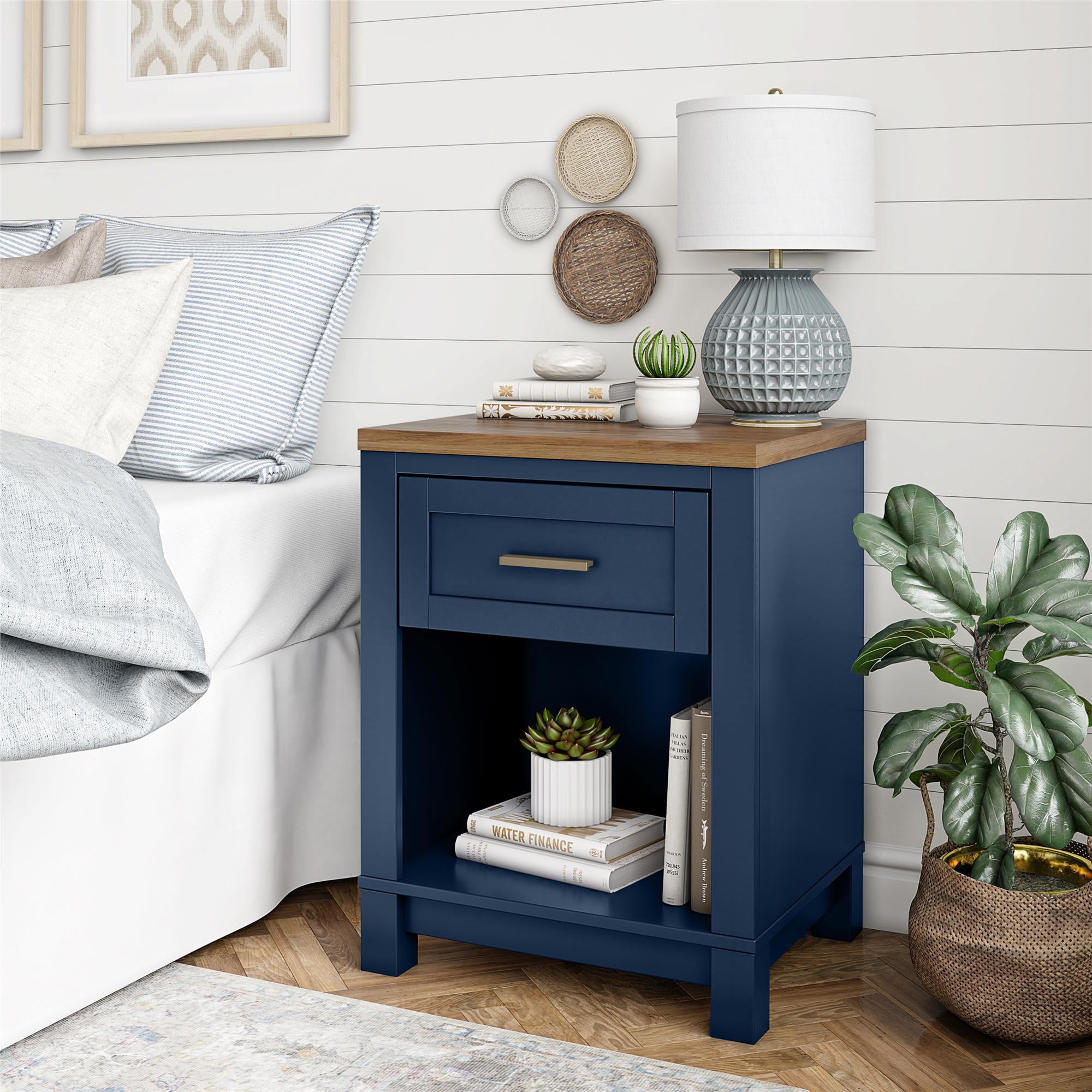 Ameriwood Home Josiah Nightstand, Navy with Walnut top