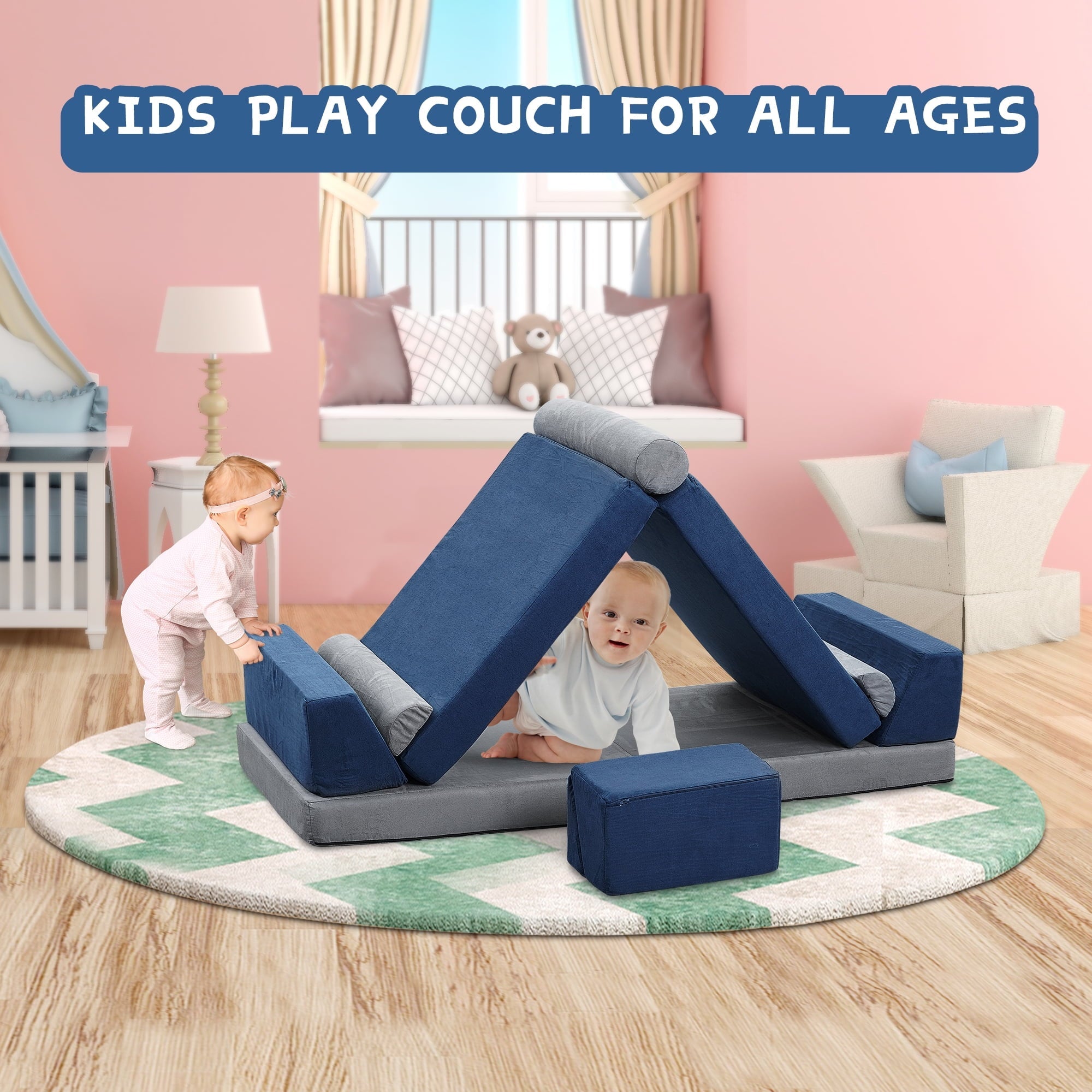 Ainfox Kids Couch, 10PCS Modular Fold Out Play Couch Sofa for Toddler Playroom & Bedroom, Soft Foam Kids Explorer Furniture Play Set with Washable Covers