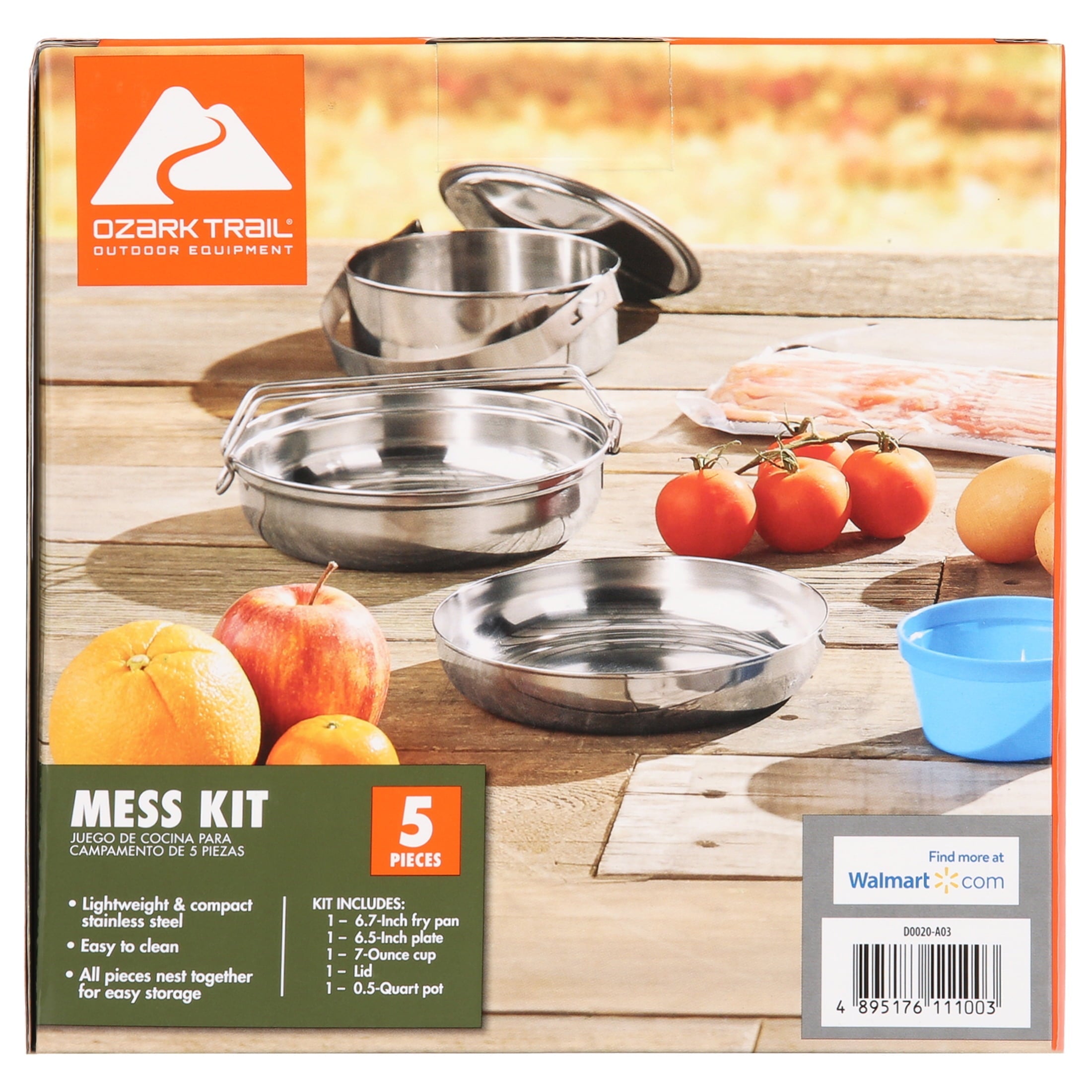 Ozark Trail Space-Saving 5-Piece Cookware Mess Kit, Stainless Steel and Plastic