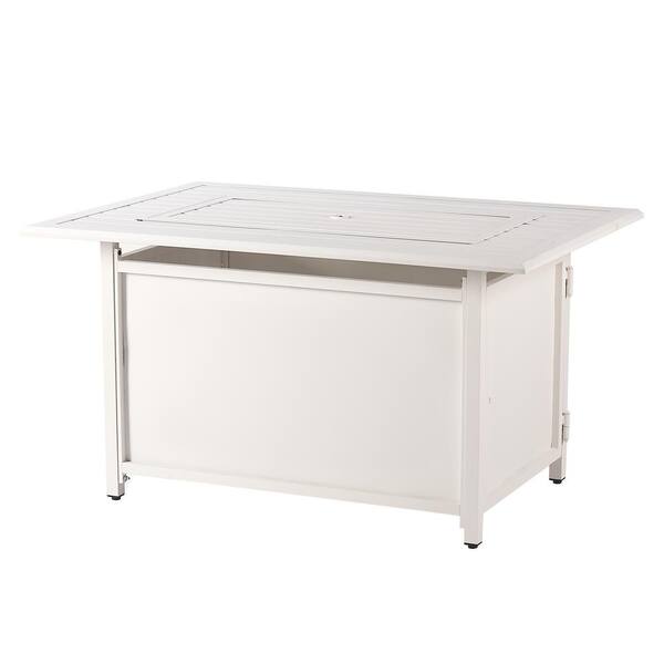 46 in. x 31 in. White Rectangular Aluminum Propane Fire Pit Table, Glass Beads, 2 Covers, Lid, 55,000 BTUs