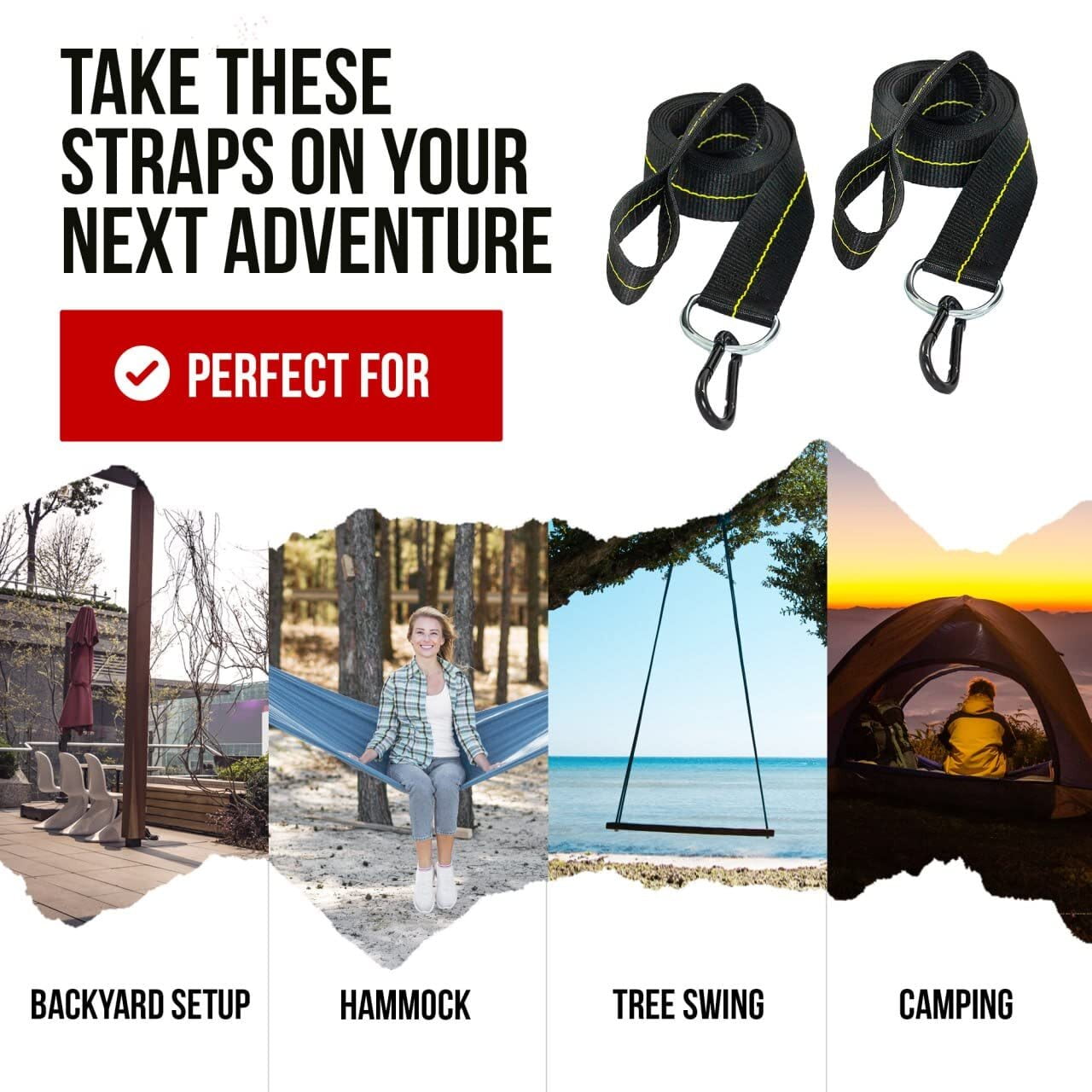 Hammock Straps - Tree Straps With Carabiner - 2 Inch X 8 Foot - Heavy Duty 4,000 lb Webbing - Hammock Tree Straps - Made in USA