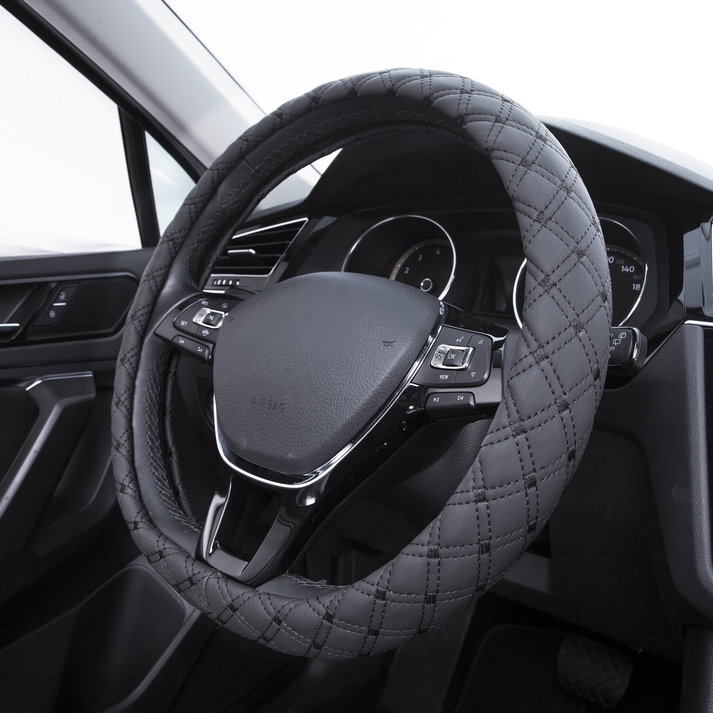 Auto Drive 1PC Car Steering Wheel Cover Diamond Quilt Black - Universal Fit