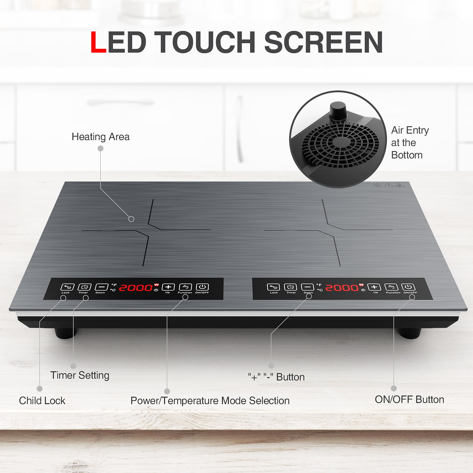Induction Cooktop, 110V 24 Inch Electric Cooktop LED Touch Screen Burner, Overheat Protection Function Hot Plate, 9 Temperature and Power Safety Lock, Special Design Glass Panel Stove
