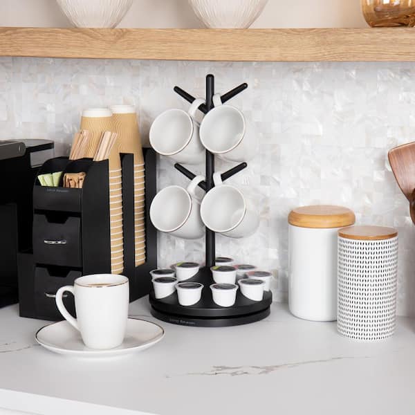 Anchor Collection, Pod Organizer & Mug Tree, 4 Mug and 12 pod Capacity, Countertop Organizer, Breakroom, Black