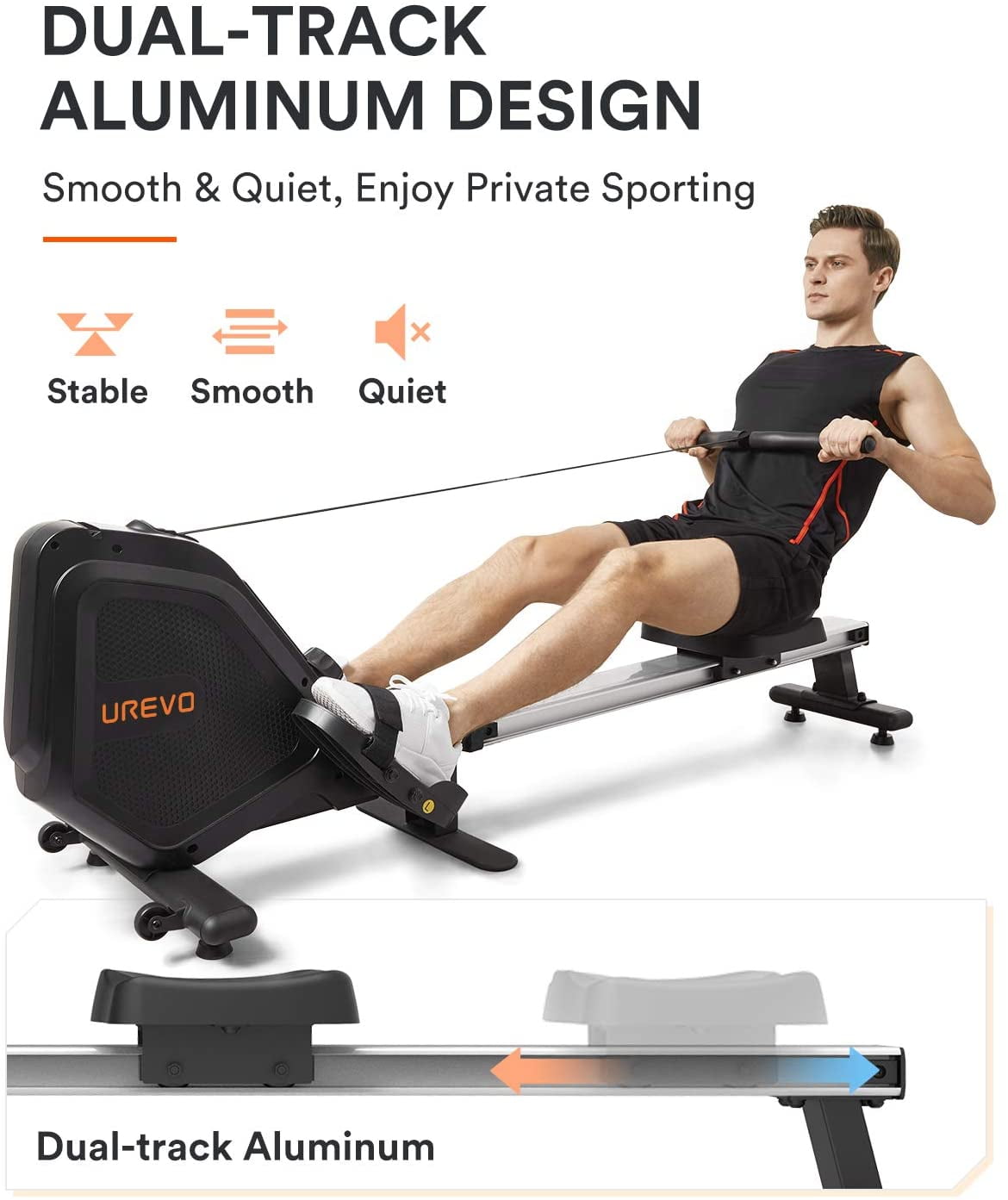 UREVO Foldable Rowing Machine, Folding Exercise Rower with Aluminum Rail, LCD Monitor, 8 Level Adjustable Resistance, 265 lb Weight Capacity