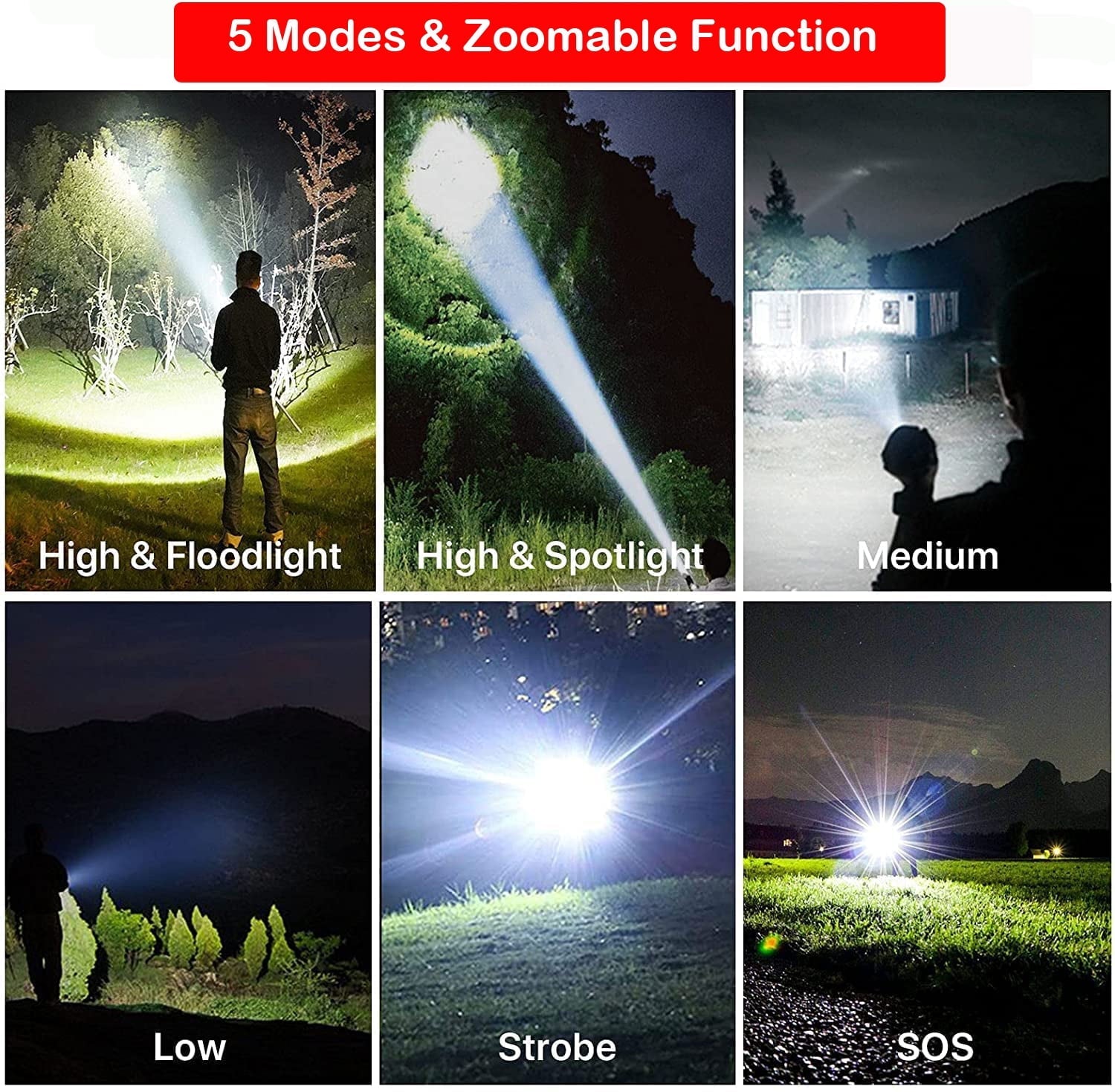 2 Packs 2000 Lumens Flashlight, Mini Flashlight Searchlight Zoomable IPX4 Waterproof LED Flashlight 5 Modes Flashlight with Batteries & Battery Charger for Hiking Hunting Camping Outdoor Sports