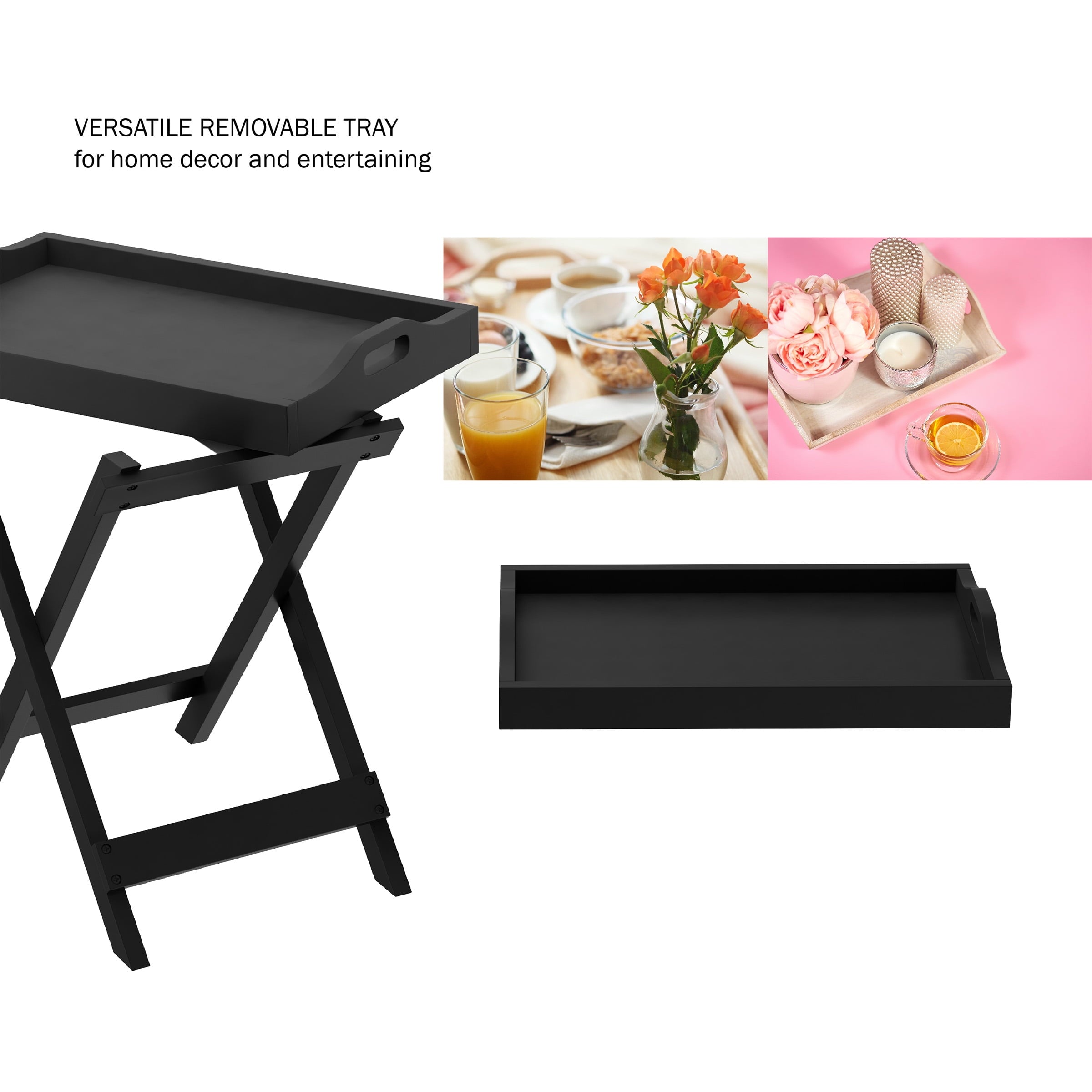 Lavish Home Folding End Table with Removable TV Tray, Black