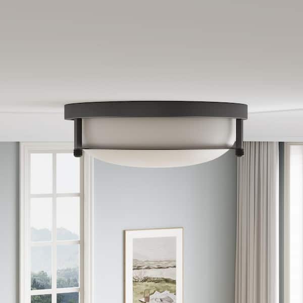 13 in. 2-Light Industrial Black Flush Mount Farmhouse Close to Ceiling Light Fixture with White Glass Shade
