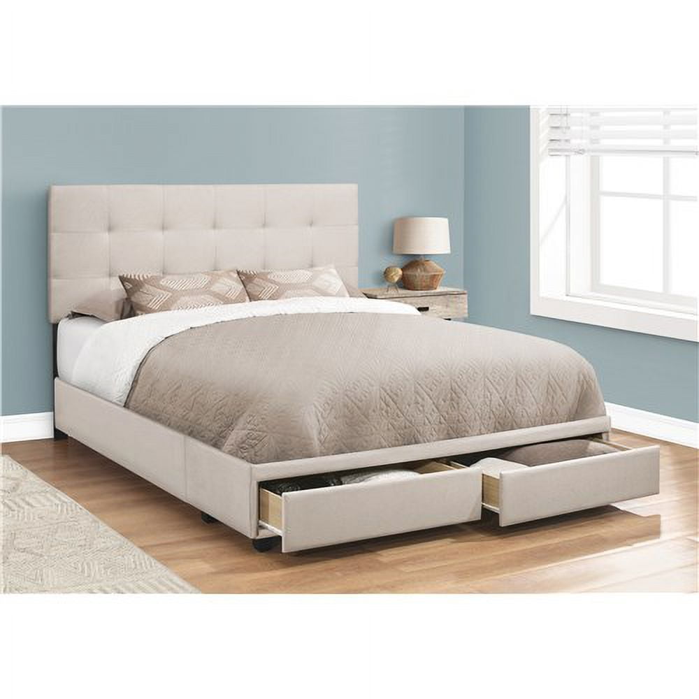 Monarch Specialties Beige Linen Bed With 2 Storage Drawers - Queen Size Beige Linen Bed With 2 Storage Drawers - Queen Size