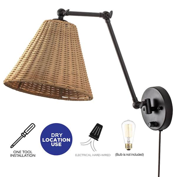 Black Woven Rattan Plug-in Swing Arm Wall Lamp with On/Off Switch