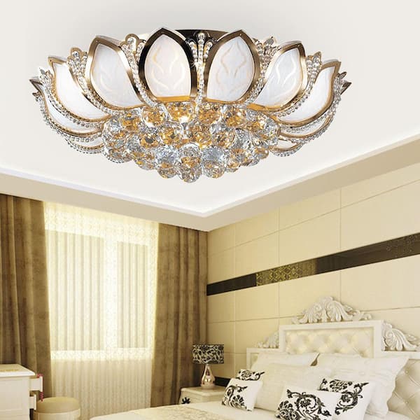 23 in. 7-Light Modern Gold Lotus Flower Shape Flush Mount Ceiling Lamp with Remote Control