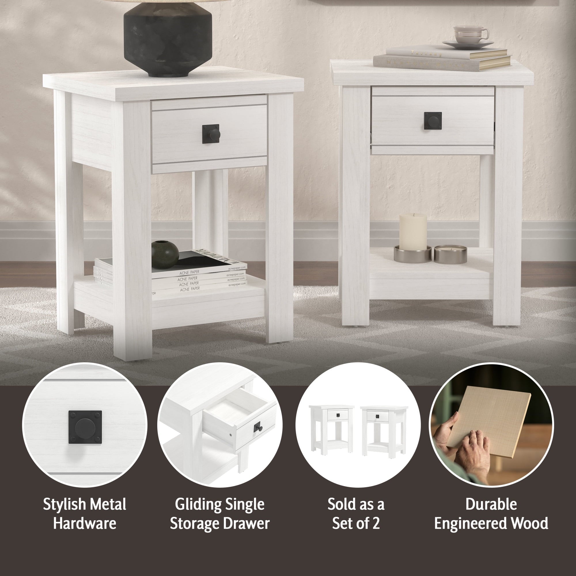 Hillsdale Addison Farmhouse 1 Drawer Nightstand, Set of 2, White