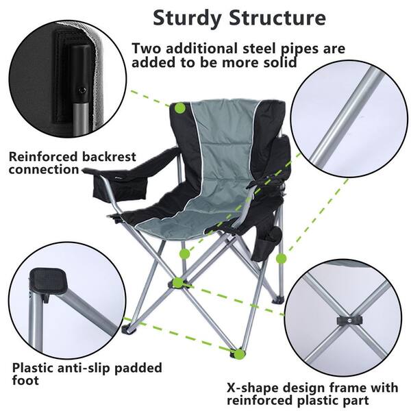 Oversized Camping Folding Chair with Cup Holder, Side Cooler Bag, Heavy-Duty Steel Frame Fully P Added Quad Armchair