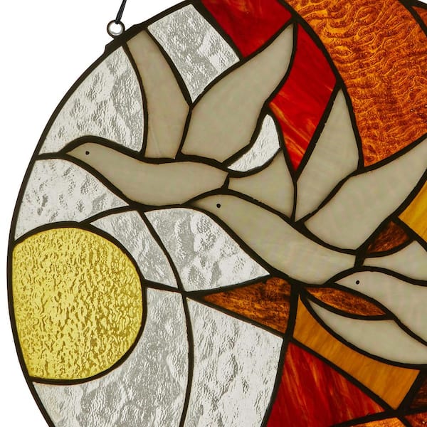 Doves in Flight At Sunset Multicolored Stained Glass Window Panel