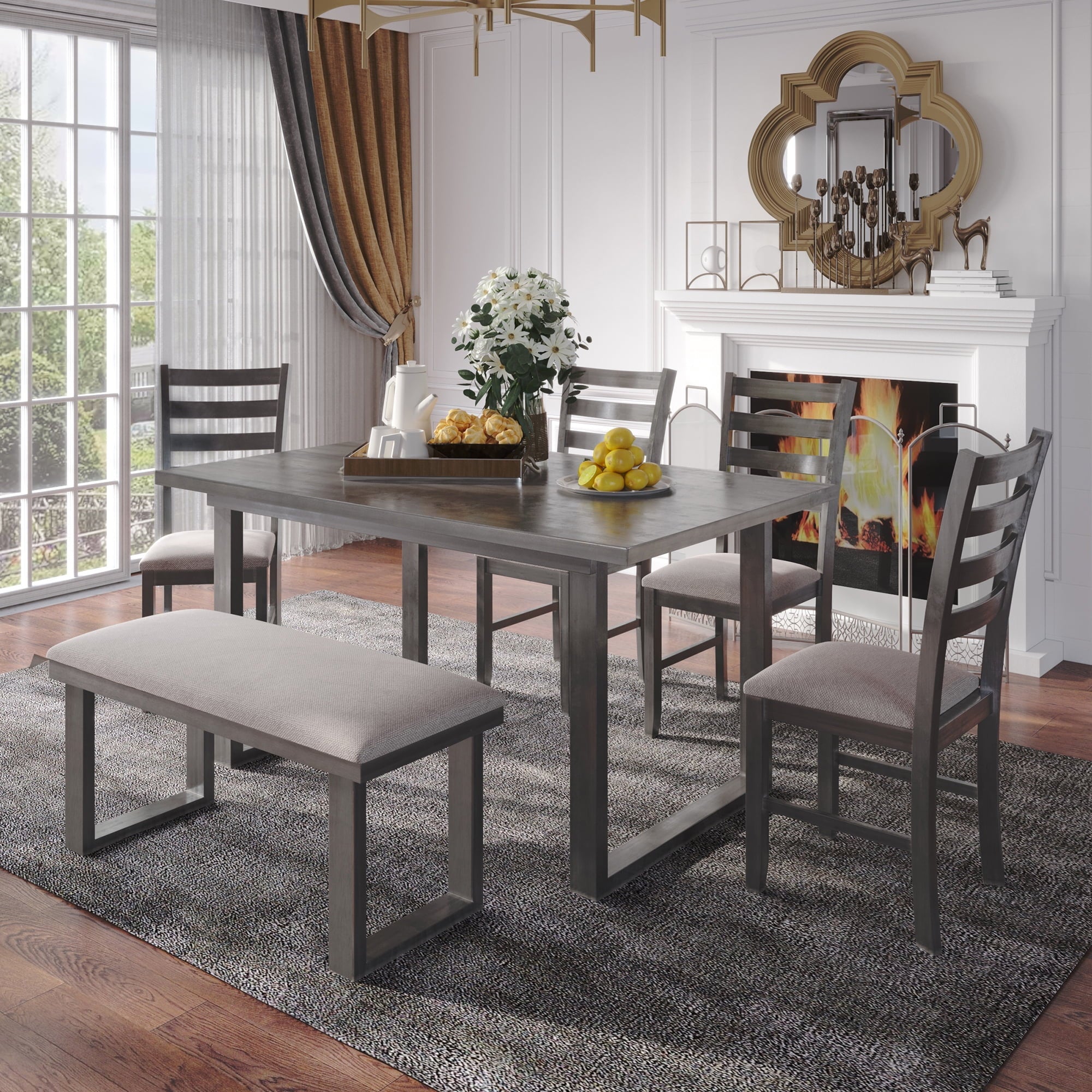 EUROCO 6 Piece Kitchen Dining Table and Chair Set,60” Dining Room Table Set with Solid Wood Tbale,4 Fabric Chairs and 1 Fabric Bench,Rectangle Dining Table Set for 6