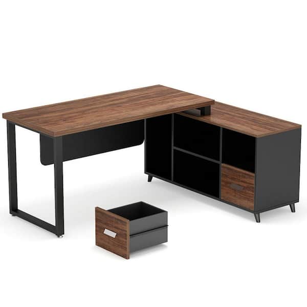 Lantz 55.1 in. L Shaped Desk Brown Engineered Wood 2-Drawers Executive Desk with Cabinet Shelves