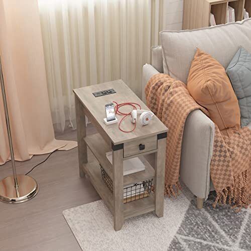 Narrow End Table with Charging Station Farmhouse End Table with USB Ports and