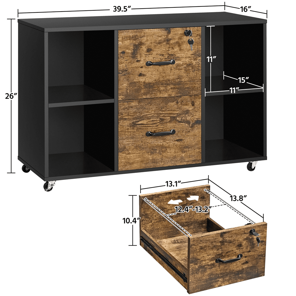 SmileMart Rolling File Cabinet with 2 Drawers, Black/Rustic Brown