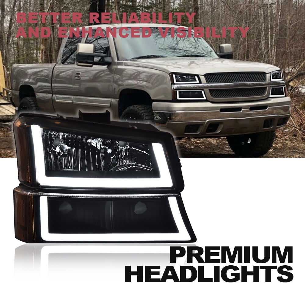 G-Plus LED DRL Headlights Fit for 2003-2006 Chevy Silverado Avalanche Clear lens Black Housing Amber Reflector