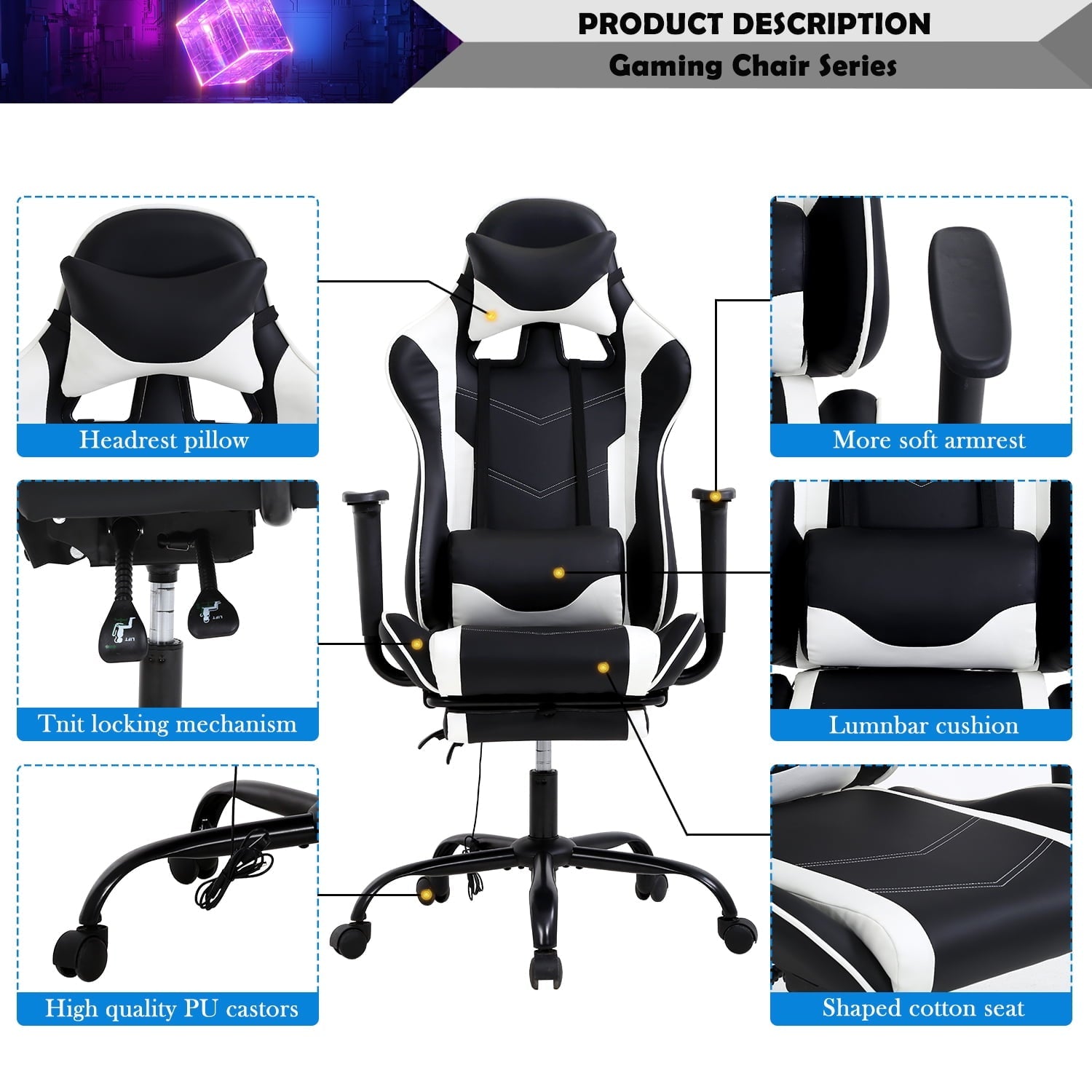 Gaming Chair Computer Massage Chair Reclining Office Chair with Footrest Lumbar Massage Support Adjustable High Back PU Leather Ergonomic Game Chair for Adults(White)