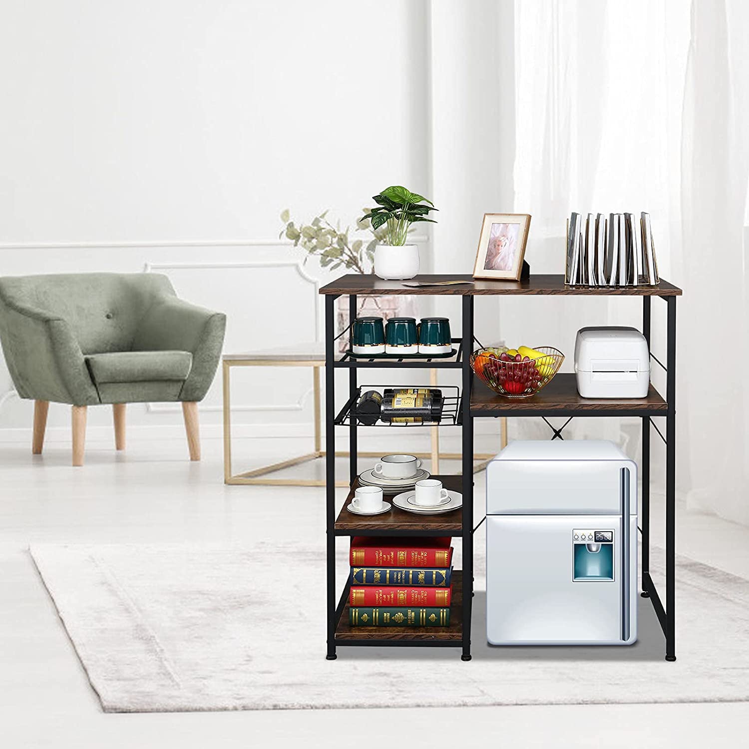 Microwave Stand 4-Tiers Kitchen Storage Fit Mini Fridge Baker¡¯s Rack Shelving Utility Coffee Bar with Big Drawer Wine Rack Metal Frame Industrial Workstation Organizer Kitchen Decor